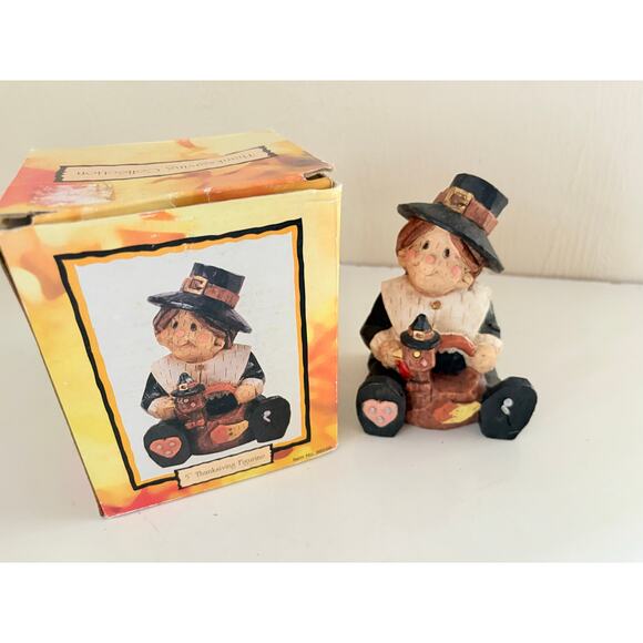 Thanksgiving Pilgrim Figurine 5" Three Hands Corp W/Turkey Fall Decor Boxed 1998 - Picture 4 of 4